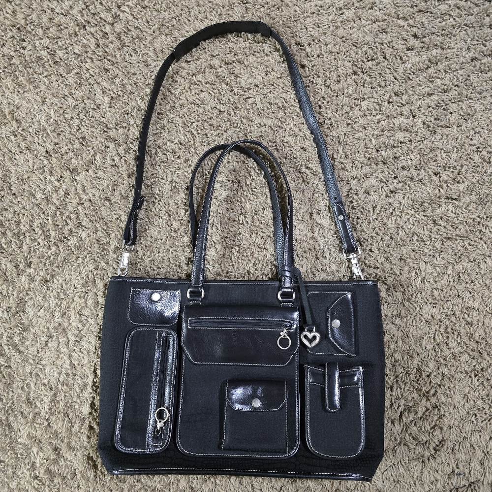Brighton for Business Black Multi Pocket Canvas and Leather Laptop Tote Bag